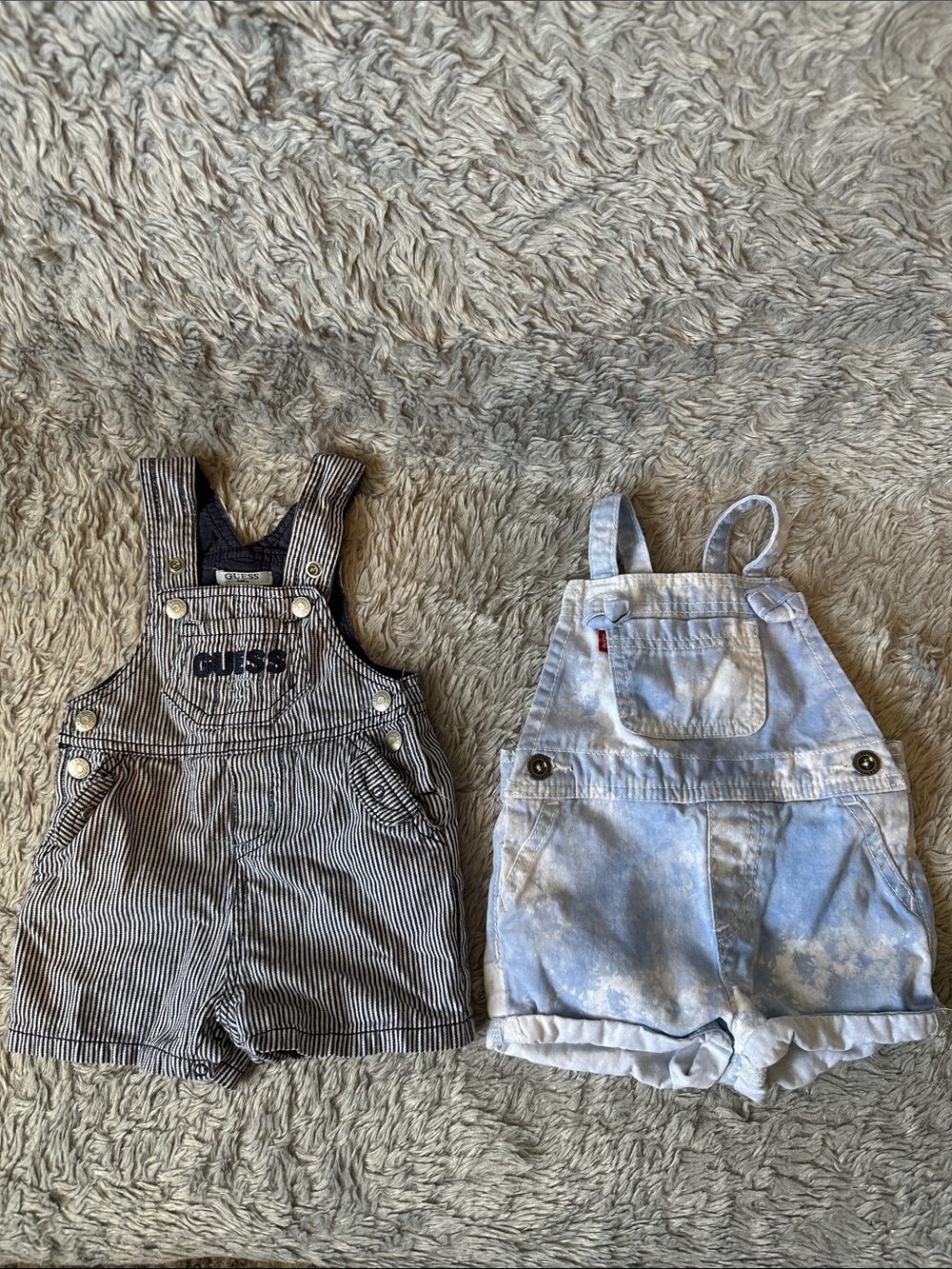 Guess and Levi’s Baby Overalls — Navy Pinstripe & Light Blue Tie-Dye Size 6-9M